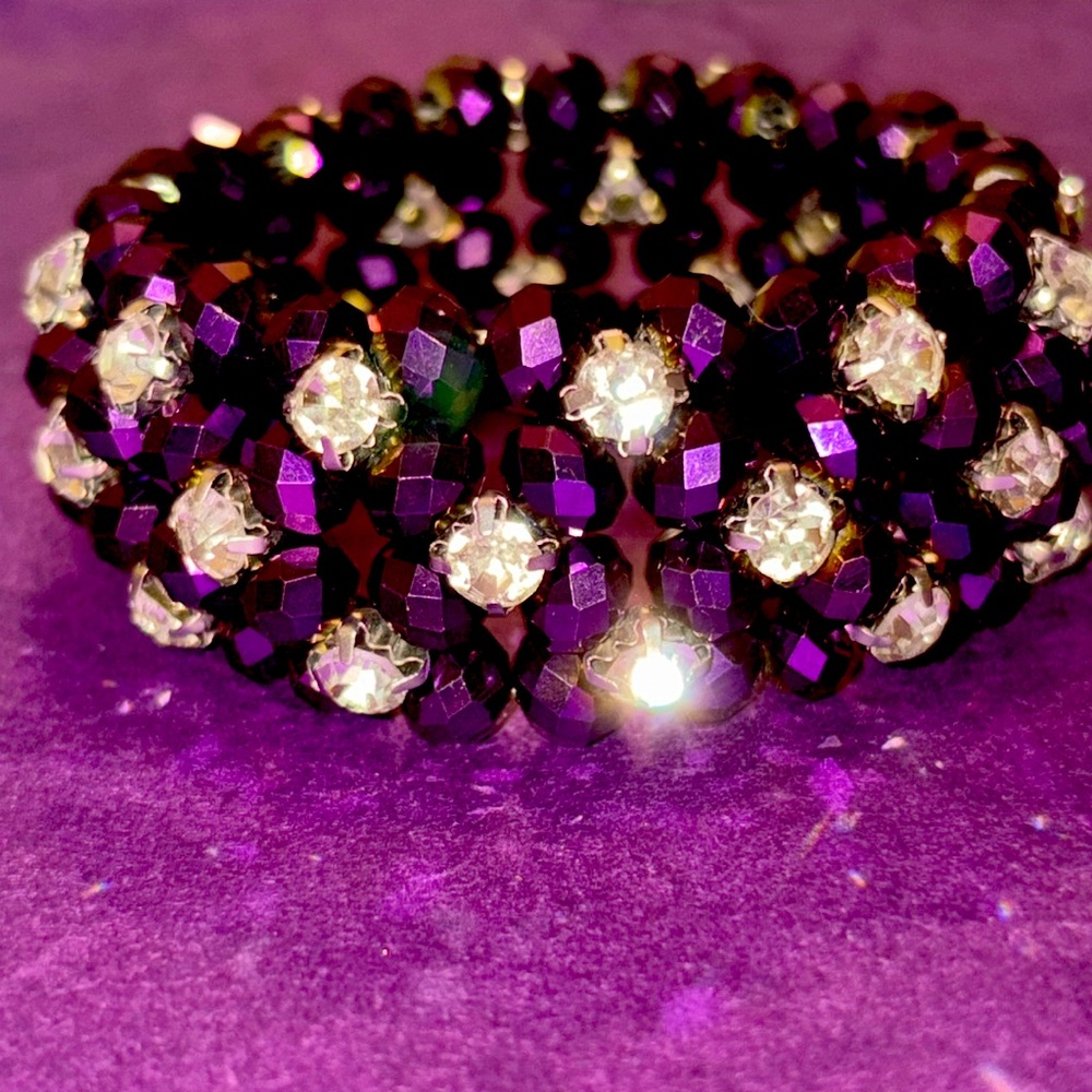 Purple vintage borealis, bead, and rhinestone bracelet